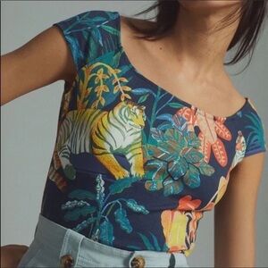 Anthropologie Maeve Tiger Jungle Print Off Shoulder Crop Top